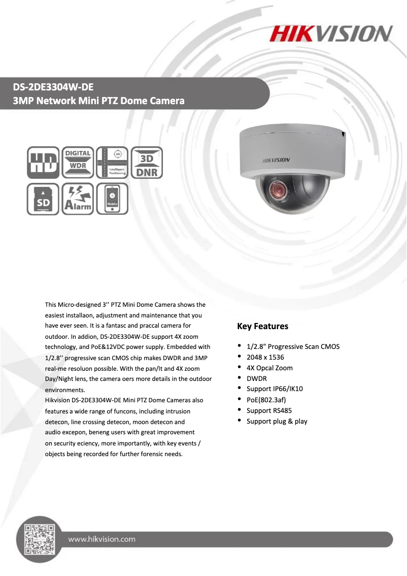 Page 1 de la notice Brochure Hikvision DS-2DE3304W-DE