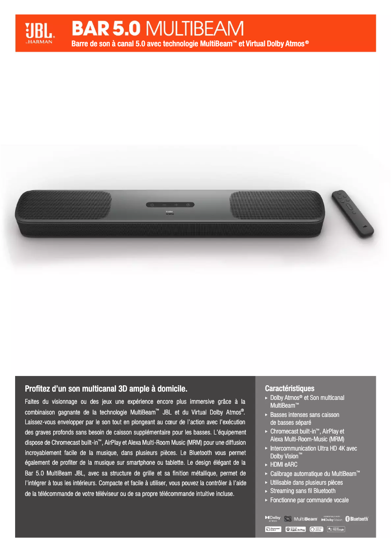 Page 1 de la notice Fiche technique JBL Bar 5.0 Multibeam