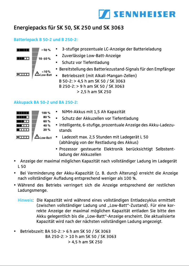Page 1 de la notice Fiche technique Sennheiser SK 50-A