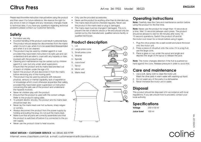 Page 1 of the manual User Manual Coline XB523