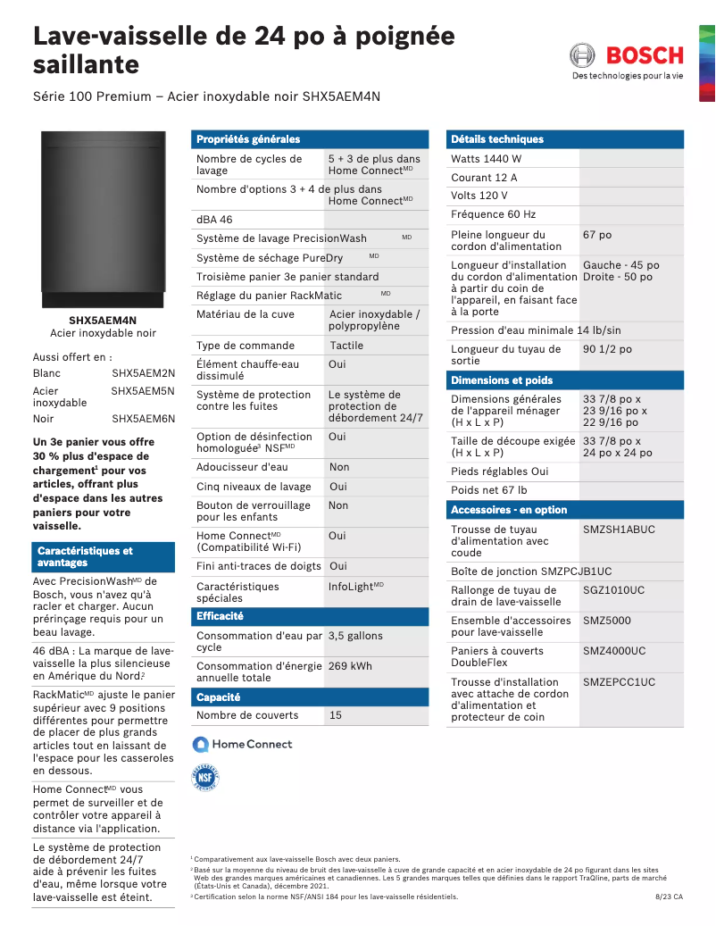 Page 1 de la notice Fiche technique Bosch SHX5AEM4N