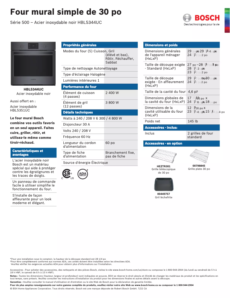 Page 1 of the manual Technical Sheet Bosch HBL5344UC