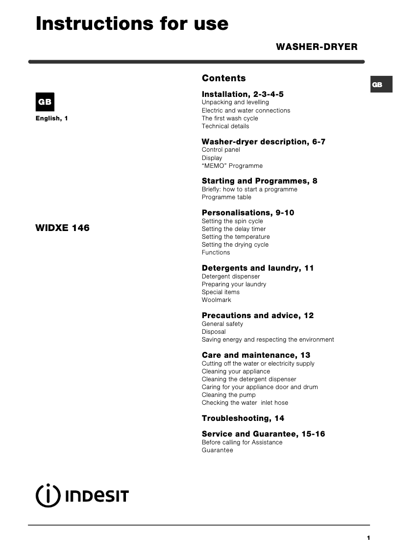Página 1 del manual Manual de usuario Indesit WIDXE 146 (UK)