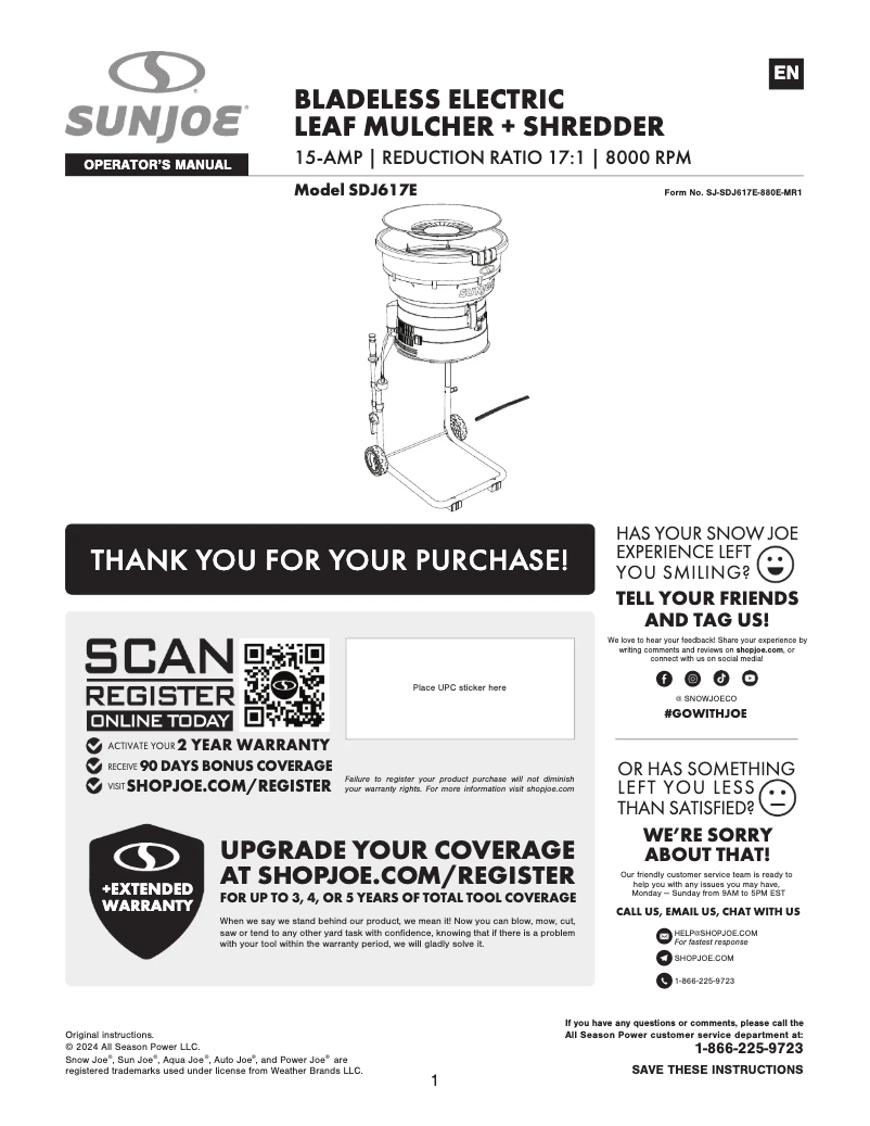 Page 1 de la notice Manuel utilisateur Sun Joe SDJ617E