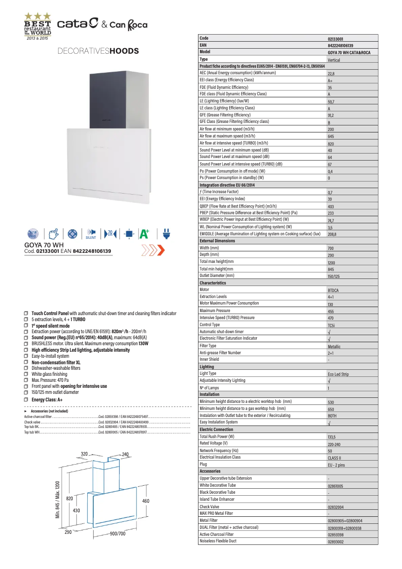 Page 1 de la notice Fiche technique CATA GOYA WH