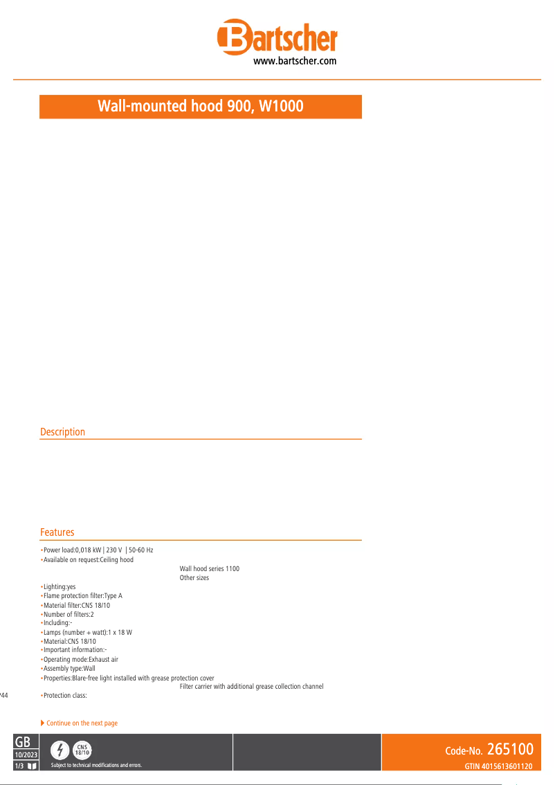 Page 1 de la notice Fiche technique Bartscher 265100