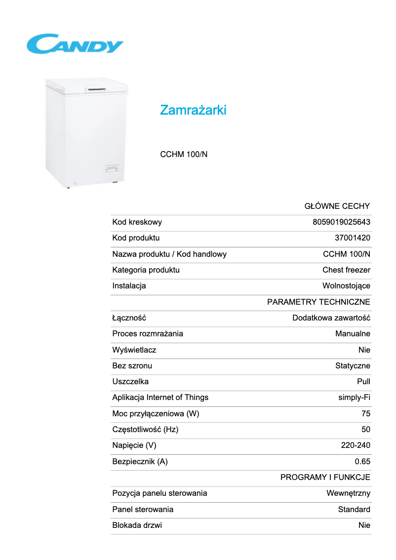 Page 1 of the manual Technical Sheet Candy CCHM 100/N