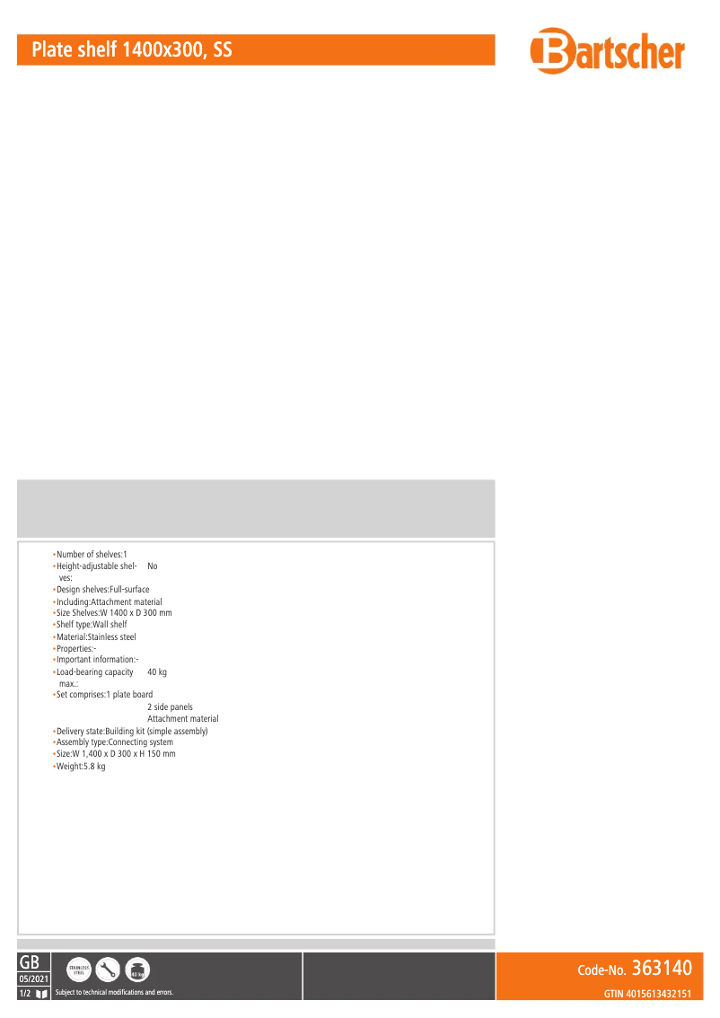 Page 1 de la notice Fiche technique Bartscher 363140