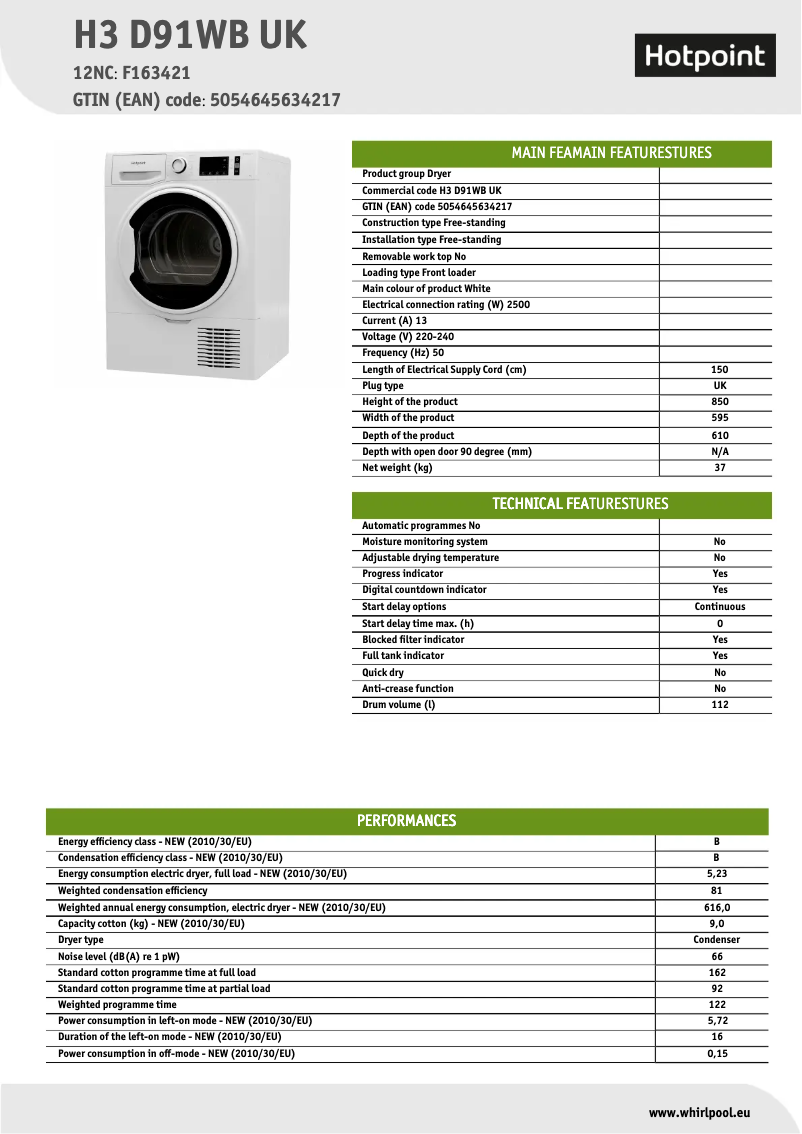 Page 1 of the manual Technical Sheet Hotpoint H3 D91WB UK