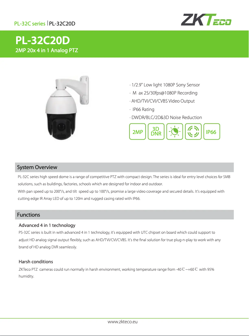 Page 1 de la notice Fiche technique ZKTeco PL-32C20D