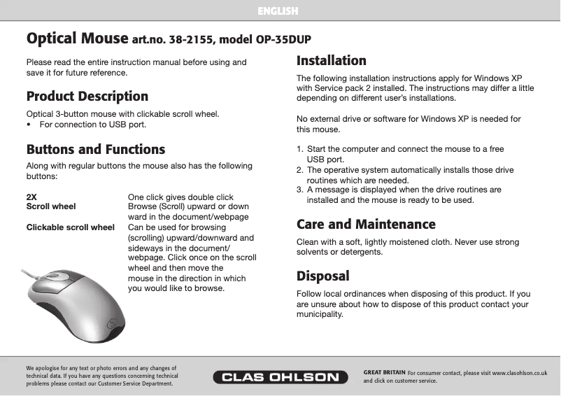 Page 1 de la notice Manuel utilisateur A4Tech OP-35DUP