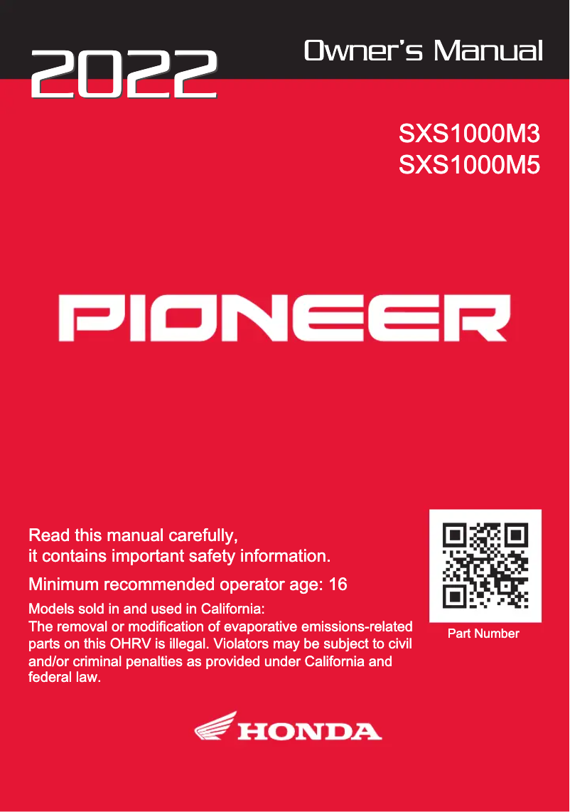 Page 1 de la notice Manuel utilisateur Honda Pioneer 1000-5 (2022)