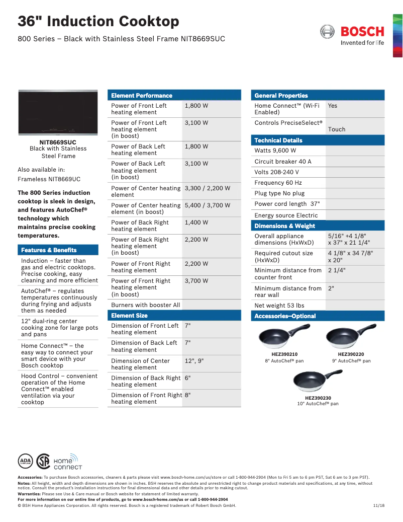 Page 1 of the manual Technical Sheet Bosch NIT8669SUC