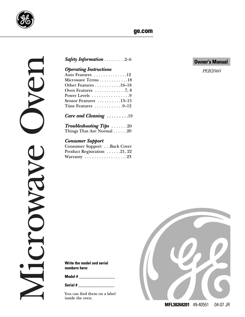 Page n°1 - Manuel utilisateur GE PEB2060