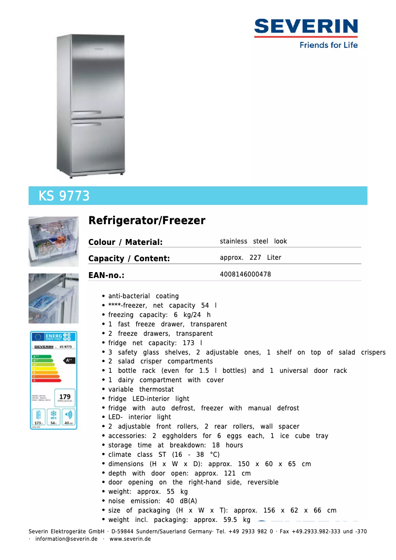 Page 1 de la notice Fiche technique Severin KS 9773