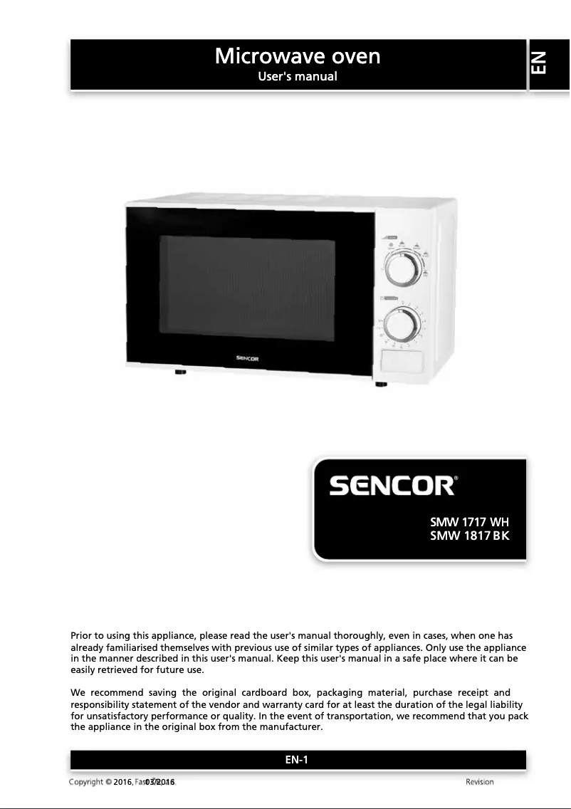 Page 1 de la notice Manuel utilisateur Sencor SMW 1717WH