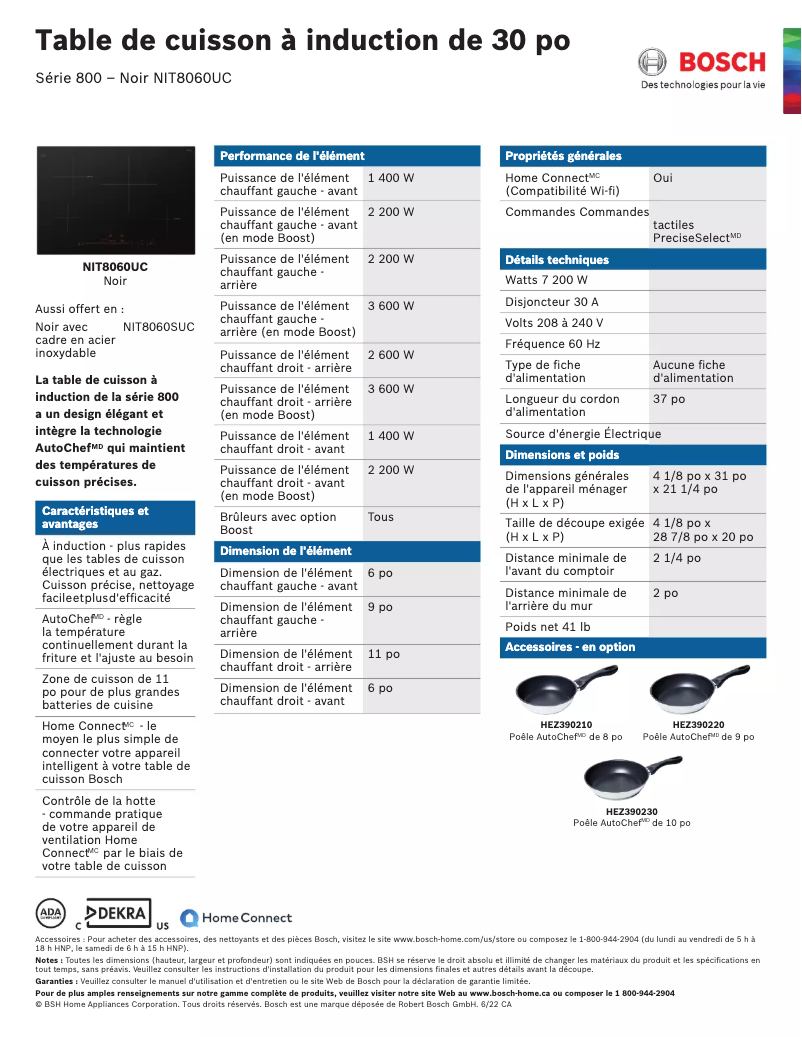 Page 1 de la notice Fiche technique Bosch NIT8060UC
