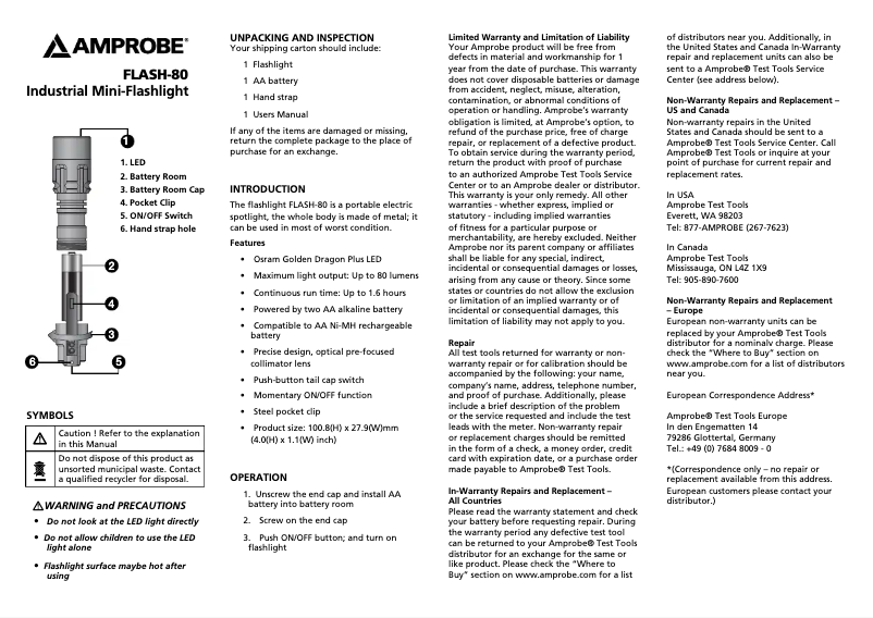 Page 1 de la notice Manuel utilisateur Amprobe FLASH-80