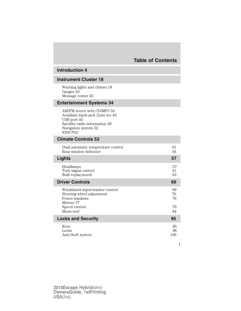 Page 1 de la notice Manuel utilisateur Ford Escape Hybrid (2010)
