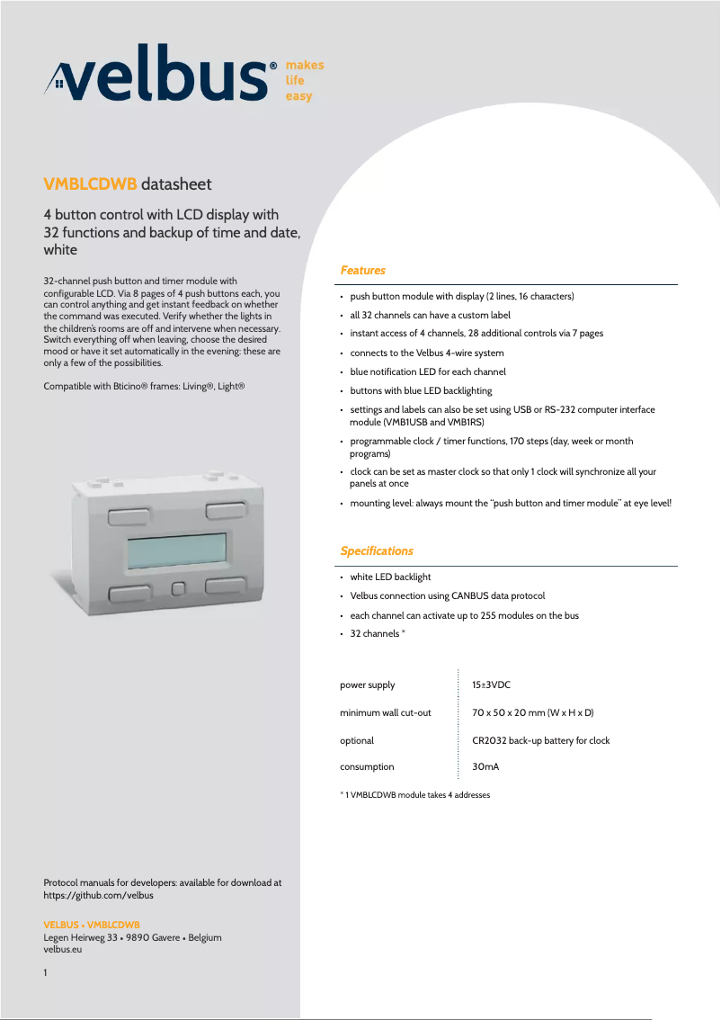 Page 1 de la notice Fiche technique Velbus VMBLCDWB