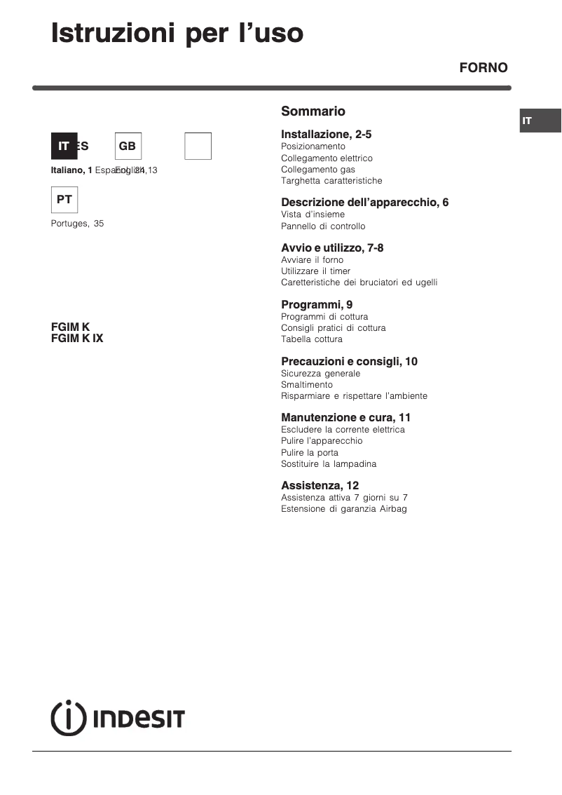 Página 1 del manual Manual de usuario Indesit FGIM K (BK)