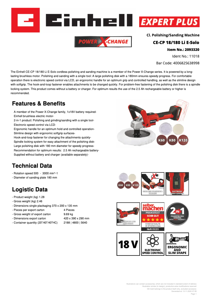 Page 1 of the manual Technical Sheet Einhell CE-CP 18/180 Li E-Solo