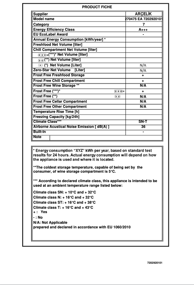 Page 1 de la notice Fiche technique Arçelik 270475 EA