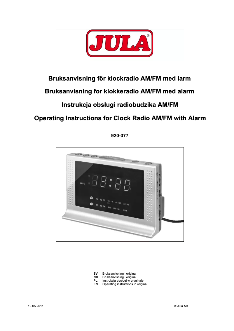 Page 1 de la notice Manuel utilisateur Jula 920-377