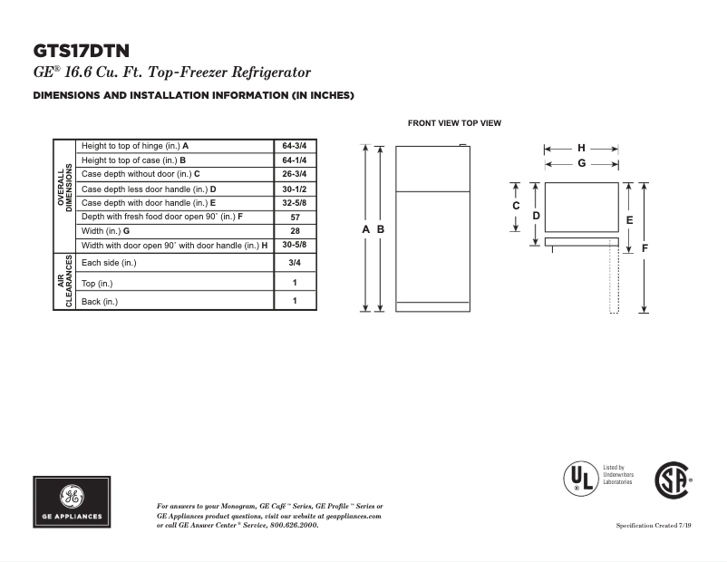 Página 1 del manual Ficha técnica GE GTS17DTNRWW