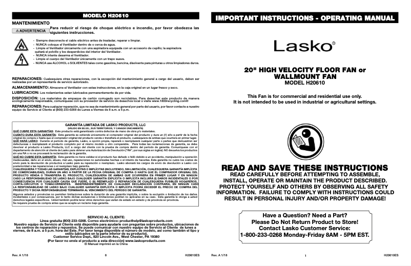 Page 1 of the manual User Manual Lasko Max Performance H20610