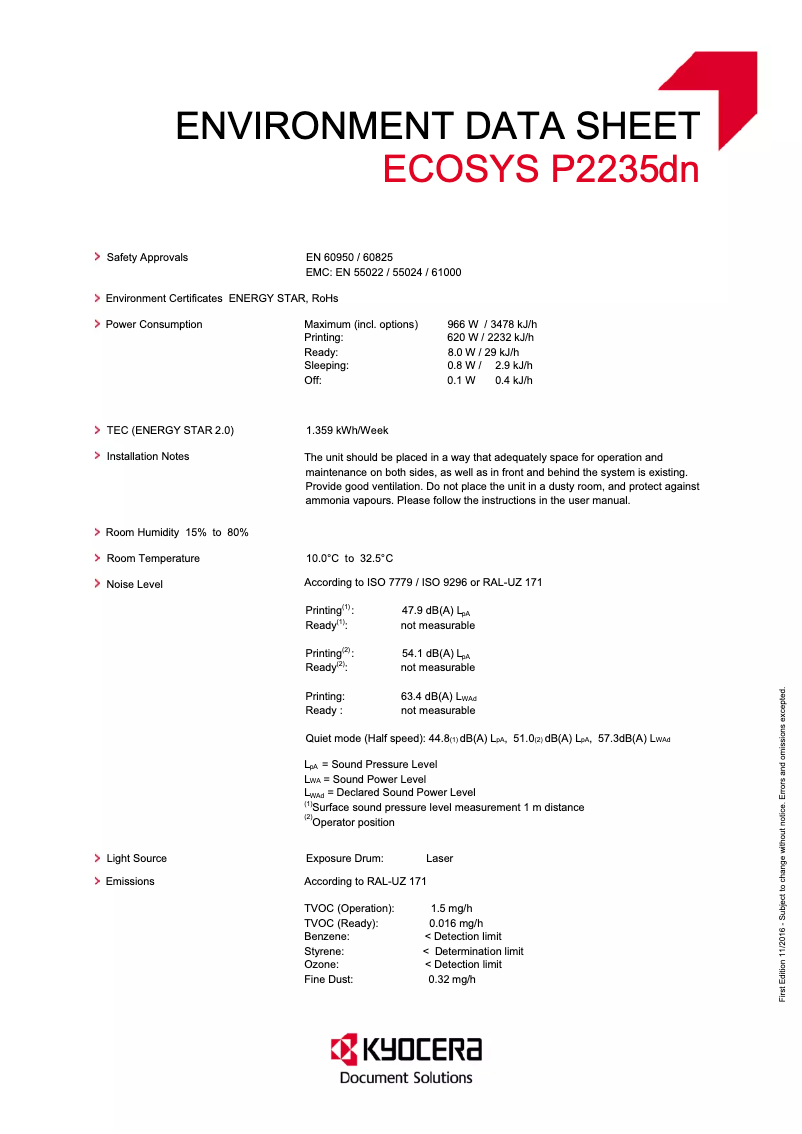 Page 1 de la notice Fiche technique Kyocera ECOSYS P2235dn
