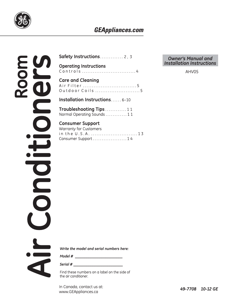 Page 1 de la notice Manuel d'utilisation et d'entretien GE AHV05LR