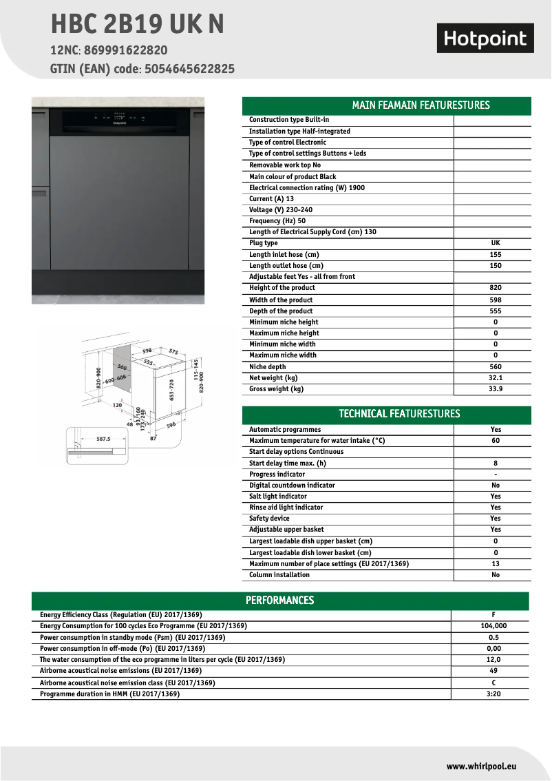 Página 1 del manual Ficha técnica Hotpoint HBC 2B19 UK N