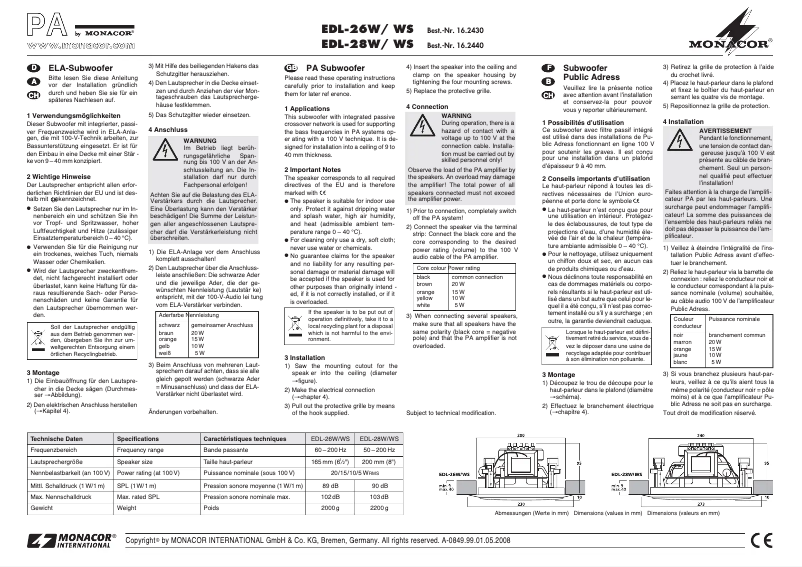 Page 1 de la notice Manuel utilisateur Monacor EDL-28W/WS