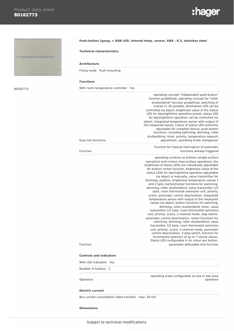 Page 1 de la notice Fiche technique Berker 80162773