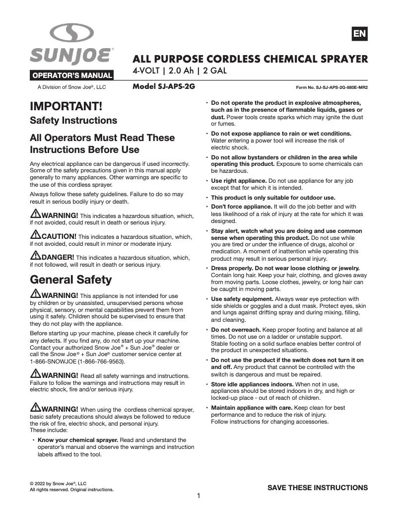 Page 1 de la notice Manuel utilisateur Sun Joe SJ-APS-2G