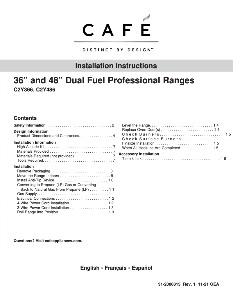 Page 1 of the manual Installation Guide GE C2Y486P4TW2