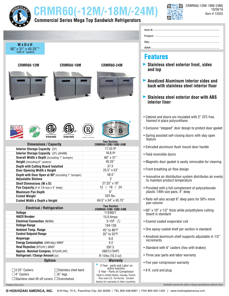 Page 1 de la notice Fiche technique Hoshizaki CRMR60-24M