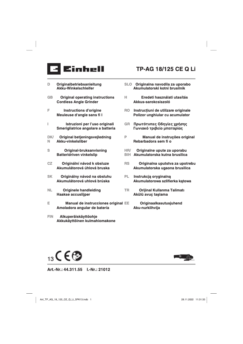 Page 1 de la notice Manuel utilisateur Einhell TP-AG 18/125 CE Q Li