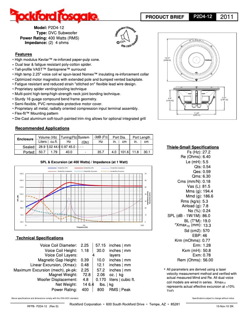 Page 1 de la notice Fiche technique Rockford Fosgate Punch P2D4-12
