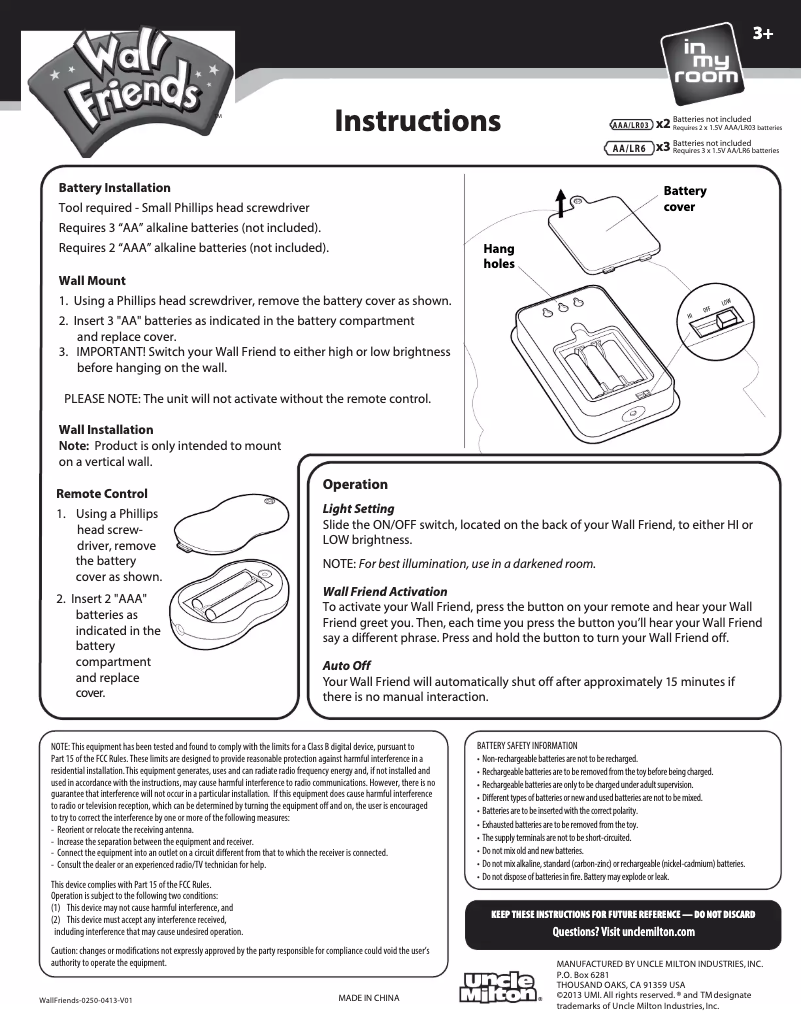 Page 1 of the manual User Manual Uncle Milton Wall Friends: Doc McStuffins