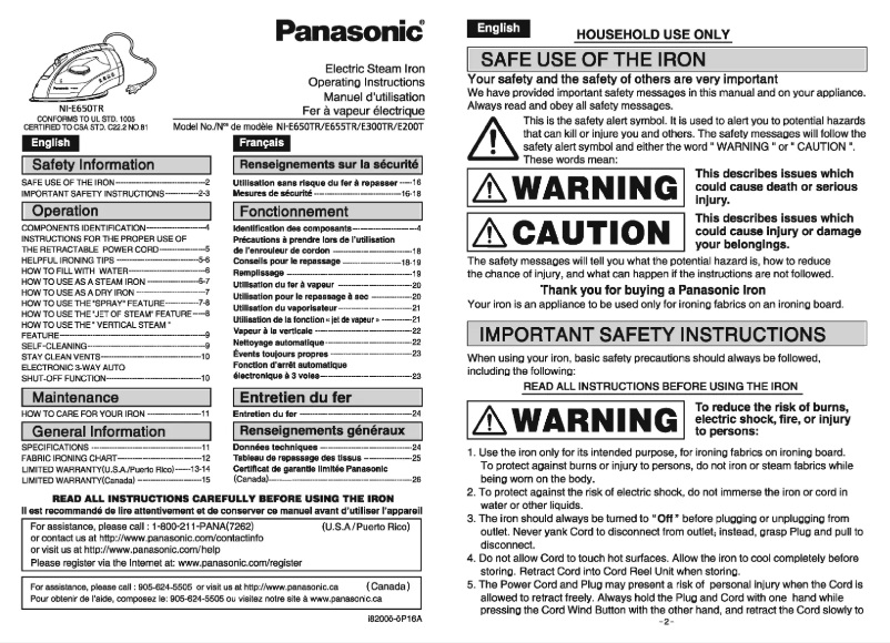 Page 1 de la notice Manuel utilisateur Panasonic NI-E655TR