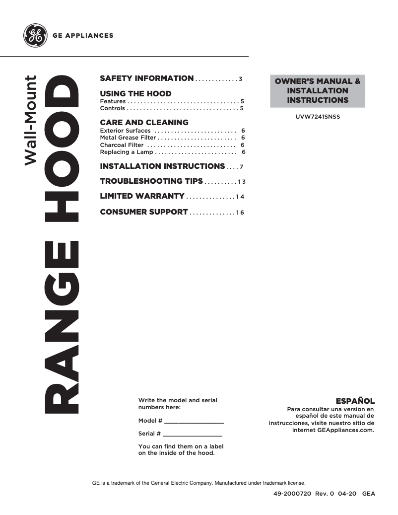 Página 1 del manual Manual de uso y mantenimiento GE UVW7241SNSS