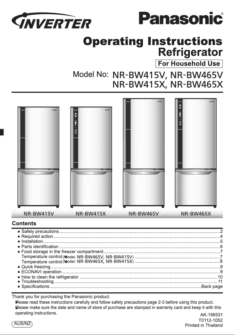 Page 1 de la notice Manuel utilisateur Panasonic NR-BW415V