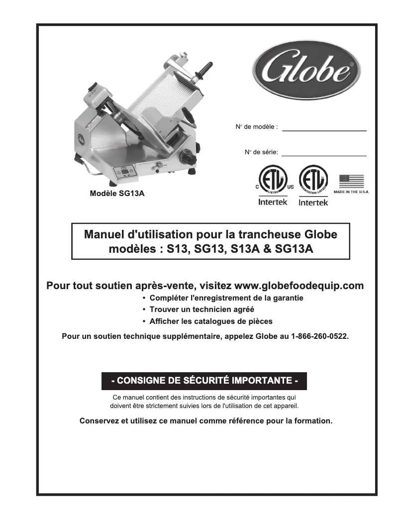 Page 1 de la notice Manuel utilisateur Globe S13A
