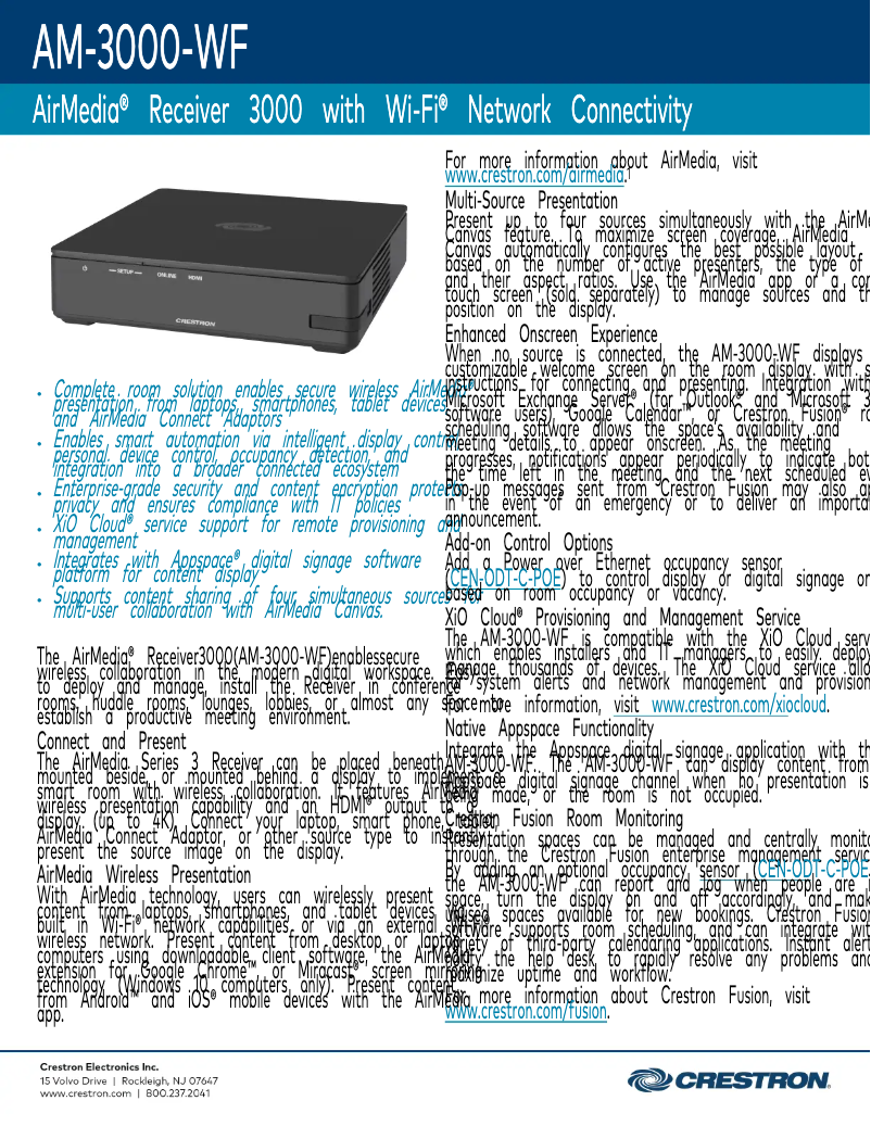 Página 1 del manual Ficha técnica Crestron AM-3000-WF