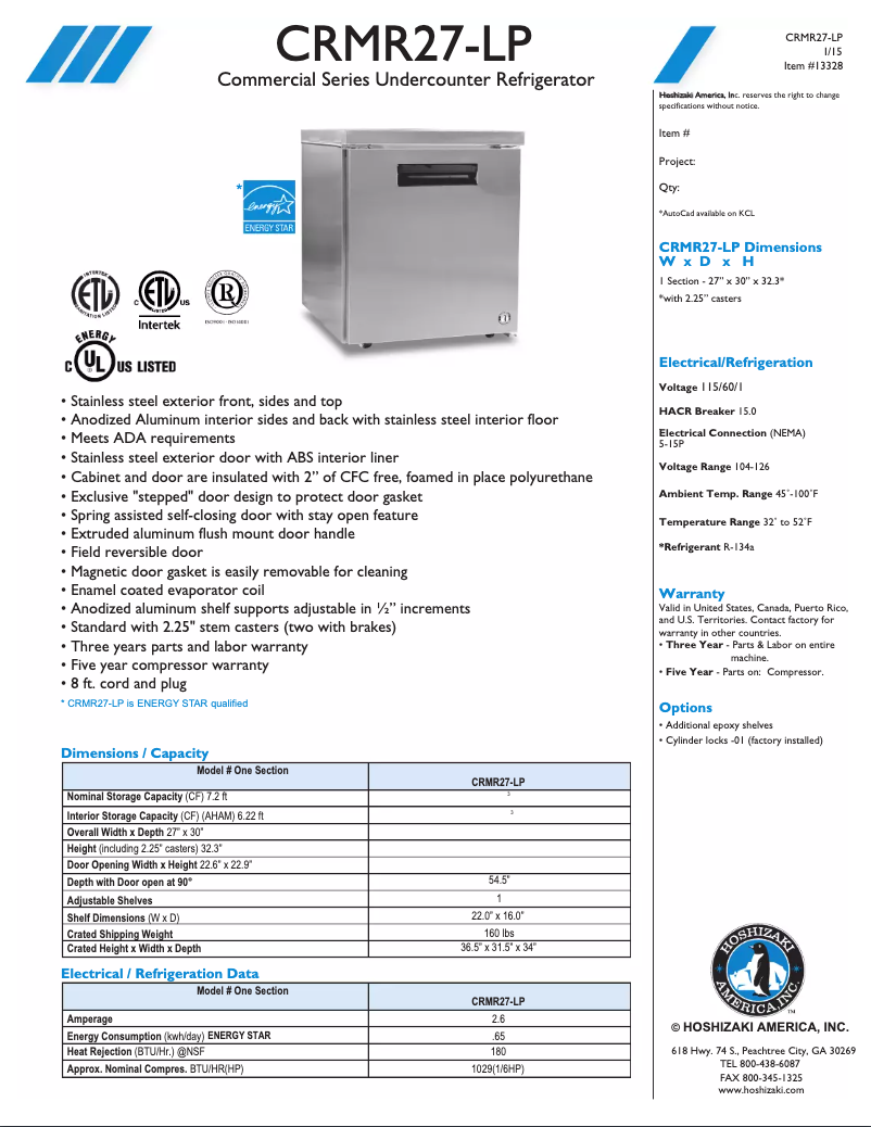 Page 1 de la notice Fiche technique Hoshizaki Commercial CRMR27-LP