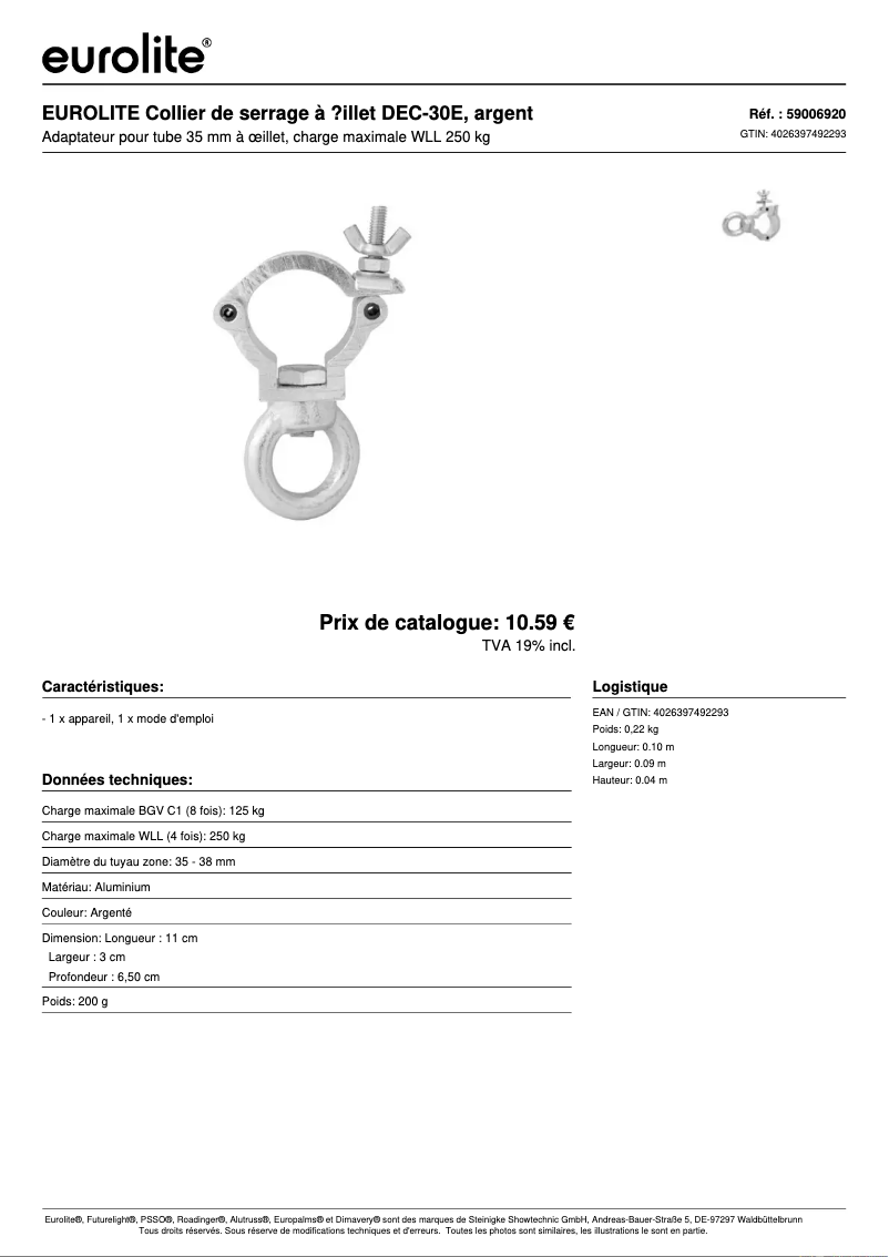 Page 1 of the manual Technical Sheet Eurolite DEC-30E