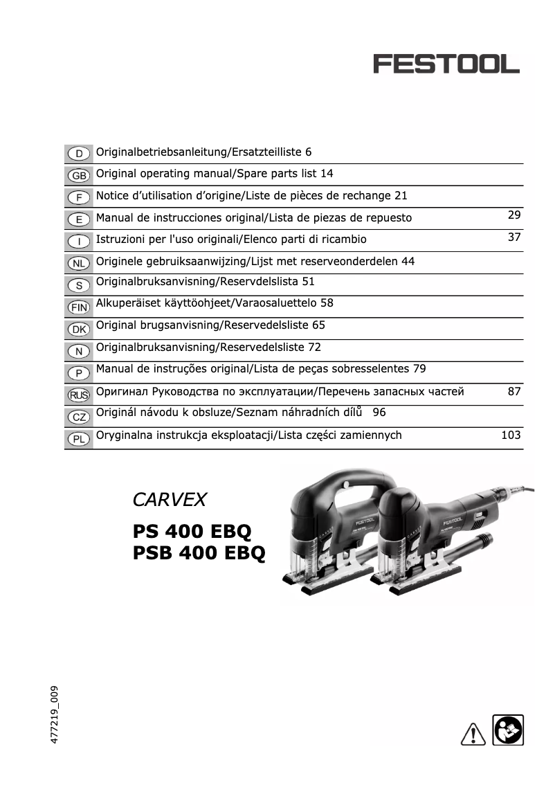 Page 1 de la notice Manuel utilisateur Festool Carvex PS 400 EBQ