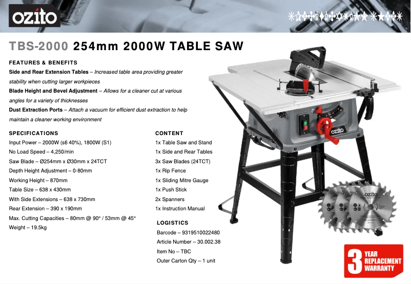Page 1 de la notice Fiche technique Ozito TBS-2000